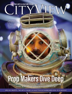 A cover of CityView's magazine with a person wearing a vintage, Jules Vernes style diving helmet. The logo appears at the top, with a photo caption next to the helmet, and other text at the bottom.
